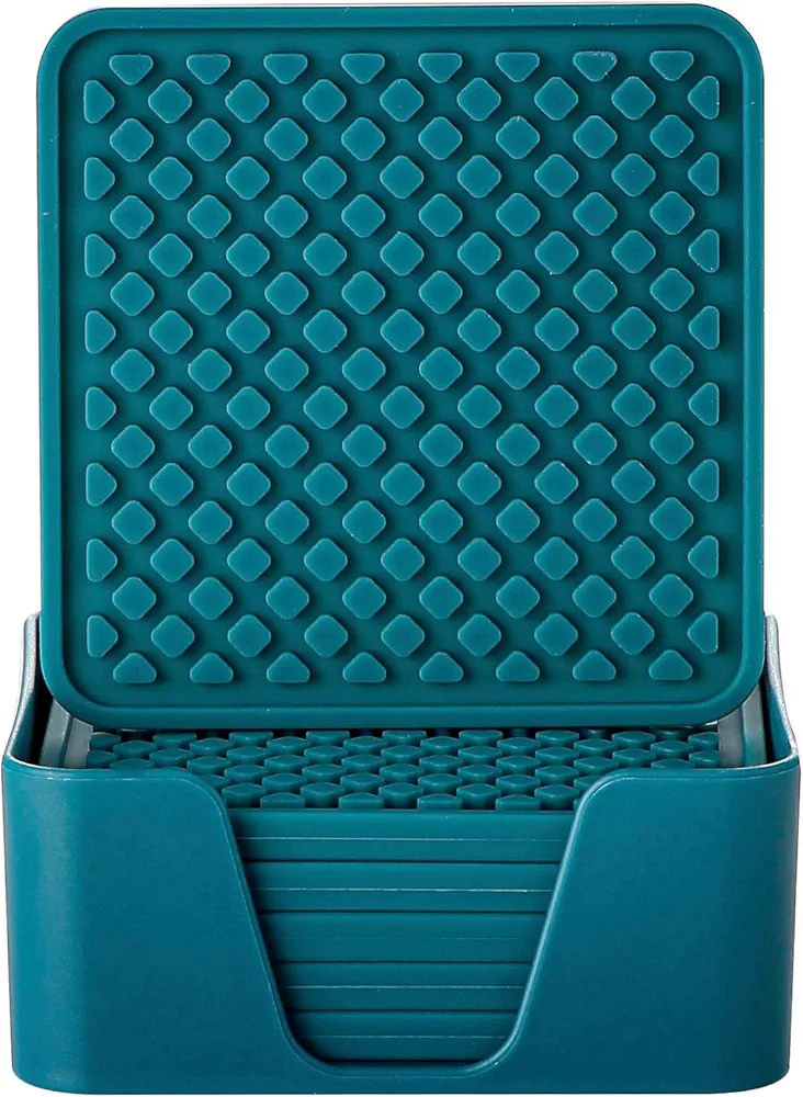 Colinda Silicone Drink Coasters with Holder, Set of 6, for Tabletop Protection and Office Desk, Cup Mat Set for Home Decor, Non-Slip and Non-Stick,Square, 4 Inch,Teal