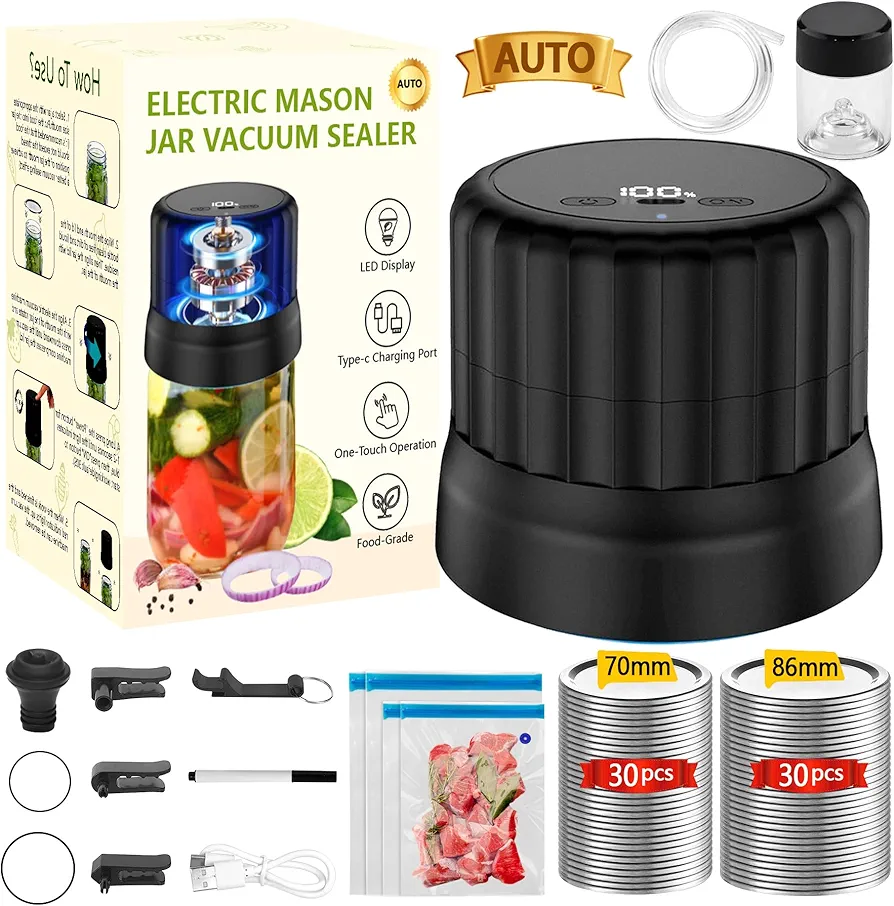 Electric Mason Jar Vacuum Sealer Kit, Automatic Vacuum Sealer Machine for Jars with 60Pcs Lids, Cordless Food Saver Canning Jar Vacuum Sealer for Wide & Regular Mouth Mason Jars Food Storage
