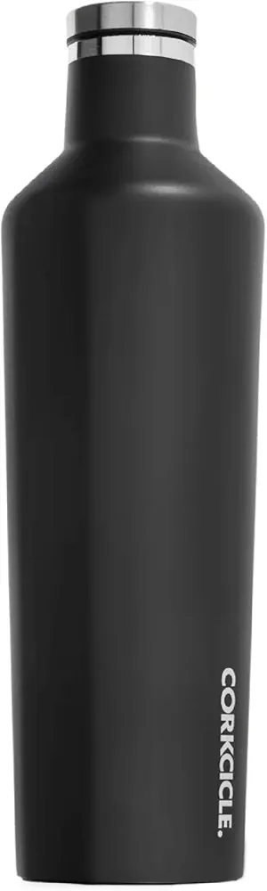 Corkcicle Insulated Water Bottle Thermos, Leakproof, Triple Insulated Stainless Steel, Easy Grip Flat Sides and Screw-on Cap, Cold for 25 Hours or Warm for 12 Hours, 25 oz, Black