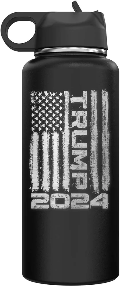 Trump American Flag 2024 Insulated Stainless Steel Water Bottle with Flip Top Lid & Straw Donald Trump Tumbler 32 oz. (Black)