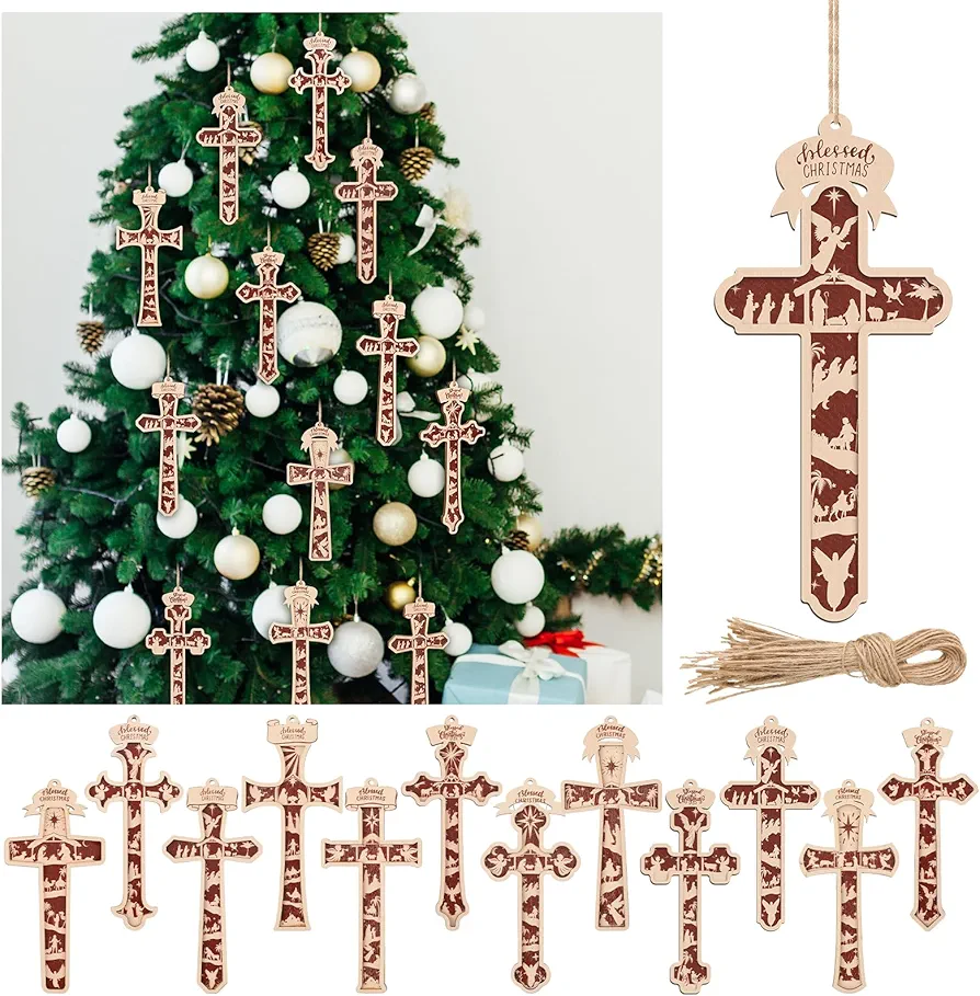 Soaoo 24 Pieces Nativity Cross Ornaments Christmas Scene Wooden Hanging Ornament 3D Christian Religion Ornaments The Birth of Jesus Decoration for Family Religious Xmas Decoration(Cross Style)