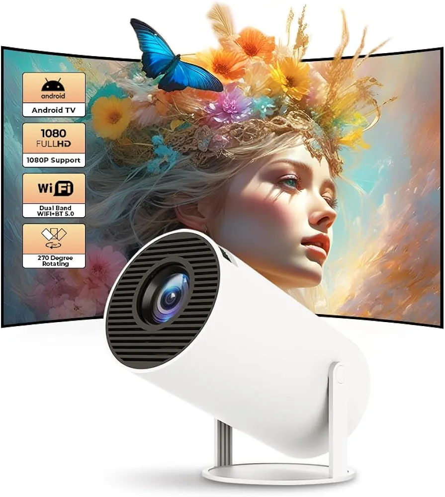 【With Android TV】 Mini Projector 270° Rotation with Bluetooth&WiFi 6, LYNCAST Auto Keystone Portable Projector 1080p 4K Support HY300pro Proyector for Phone/TV Stick/HDMI/PS5/IOS