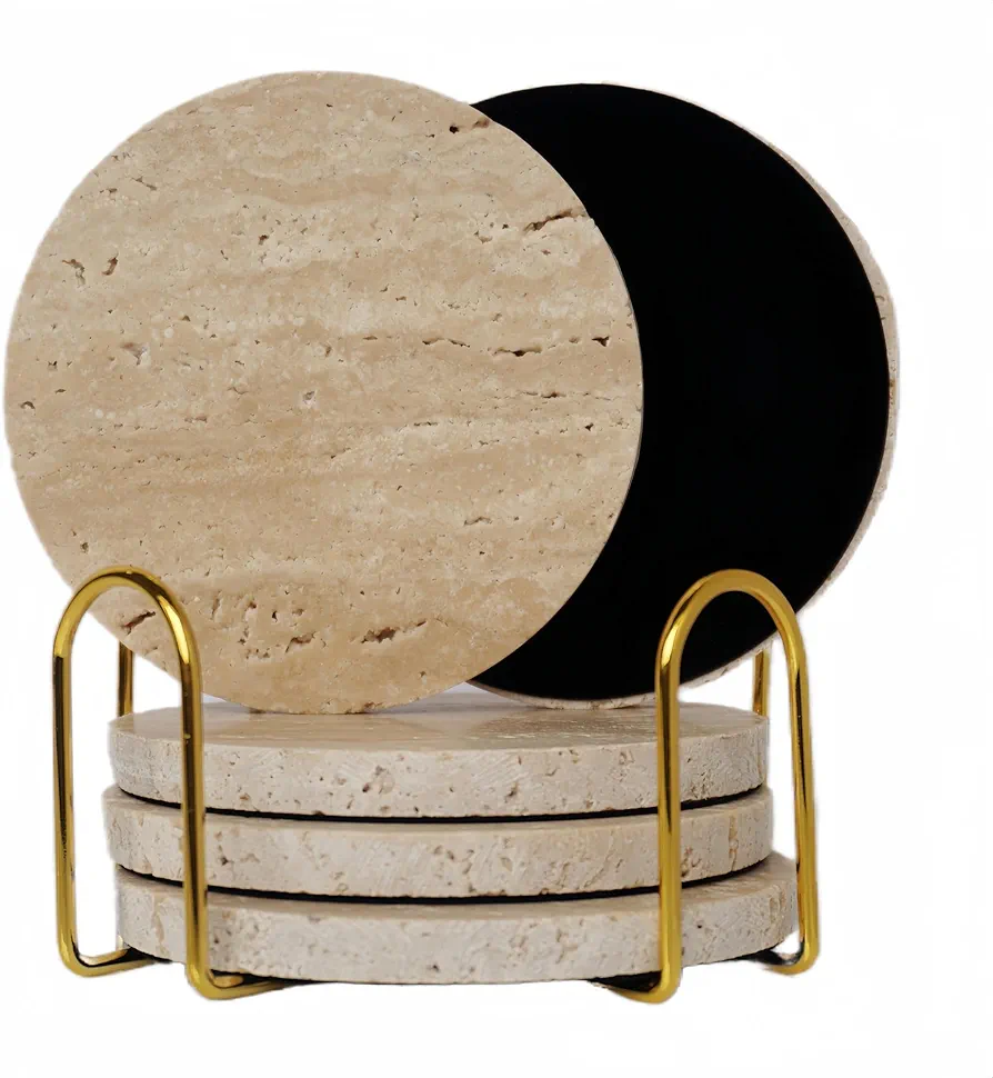 Italy Travertine Marble Coasters with Holder [5 Pcs] Round Beige Stone Drink Coasters Backed with Velvet for Coffee Table Protection, Luxury Modern Coaster Set Ideal Home Decor and Gift
