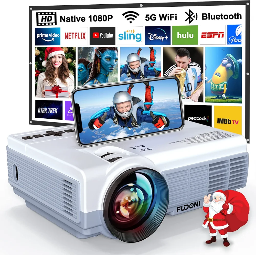 Projector with WiFi and Bluetooth, FUDONI 5G WiFi Native 1080P Projector 14000L 4K Supported, Portable Movie Outdoor Projector for Home Theater, Compatible w HDMI/USB/TV Stick/Laptop/iOS Android Phone