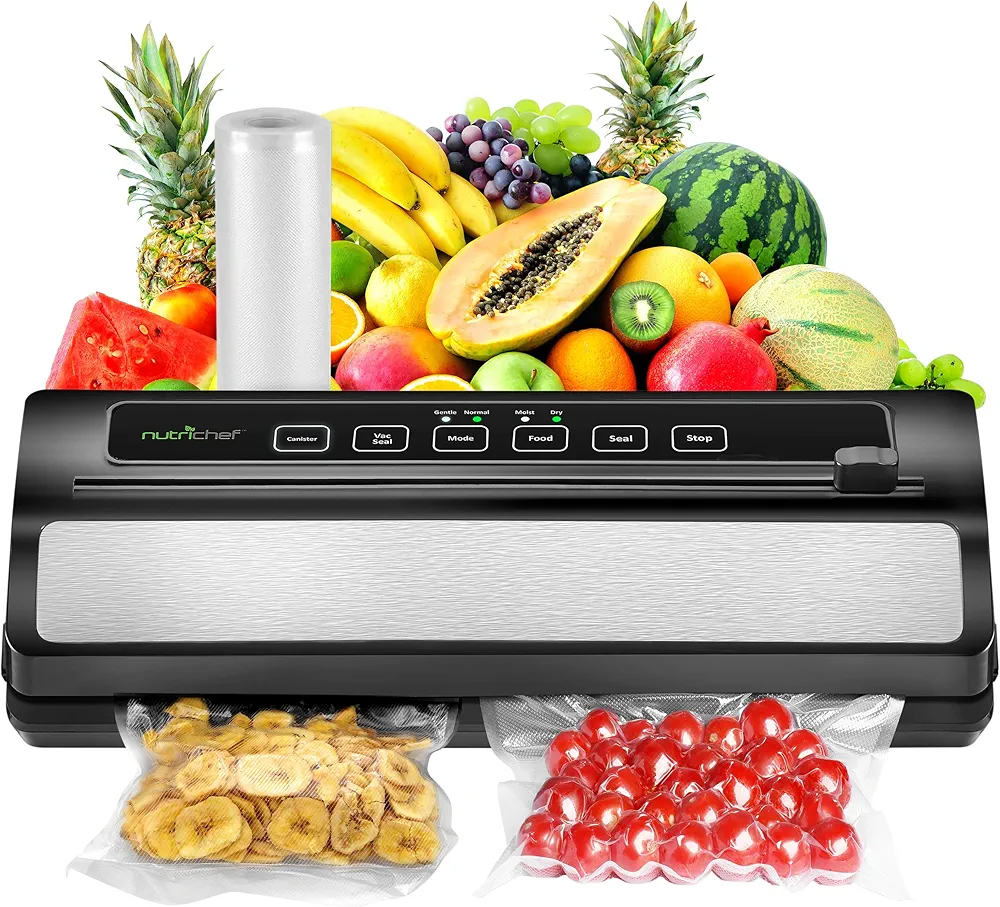 NutriChef Vacuum Sealer | Automatic Vacuum Air Sealing System For Food Preservation w/ Starter Kit | Compact Design | Lab Tested | Dry & Moist Food Modes | Led Indicator Lights, Stainless Steel, Black