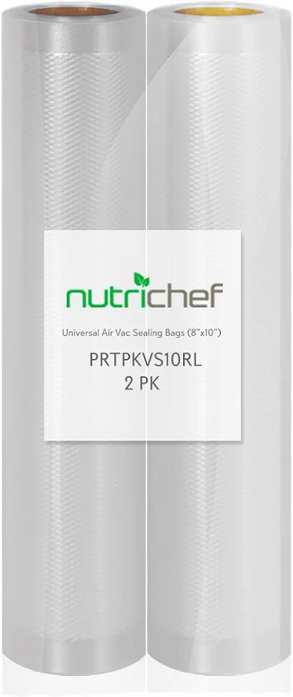 NutriChef Vacuum Sealer Bags - Universal Rolls for Custom Length Food Storage, Compatible with Most Sealers, BPA-Free Multi-Layered Design, Reusable, Microwave & Sous Vide Safe, 2 Pack, 8”x10’ Each
