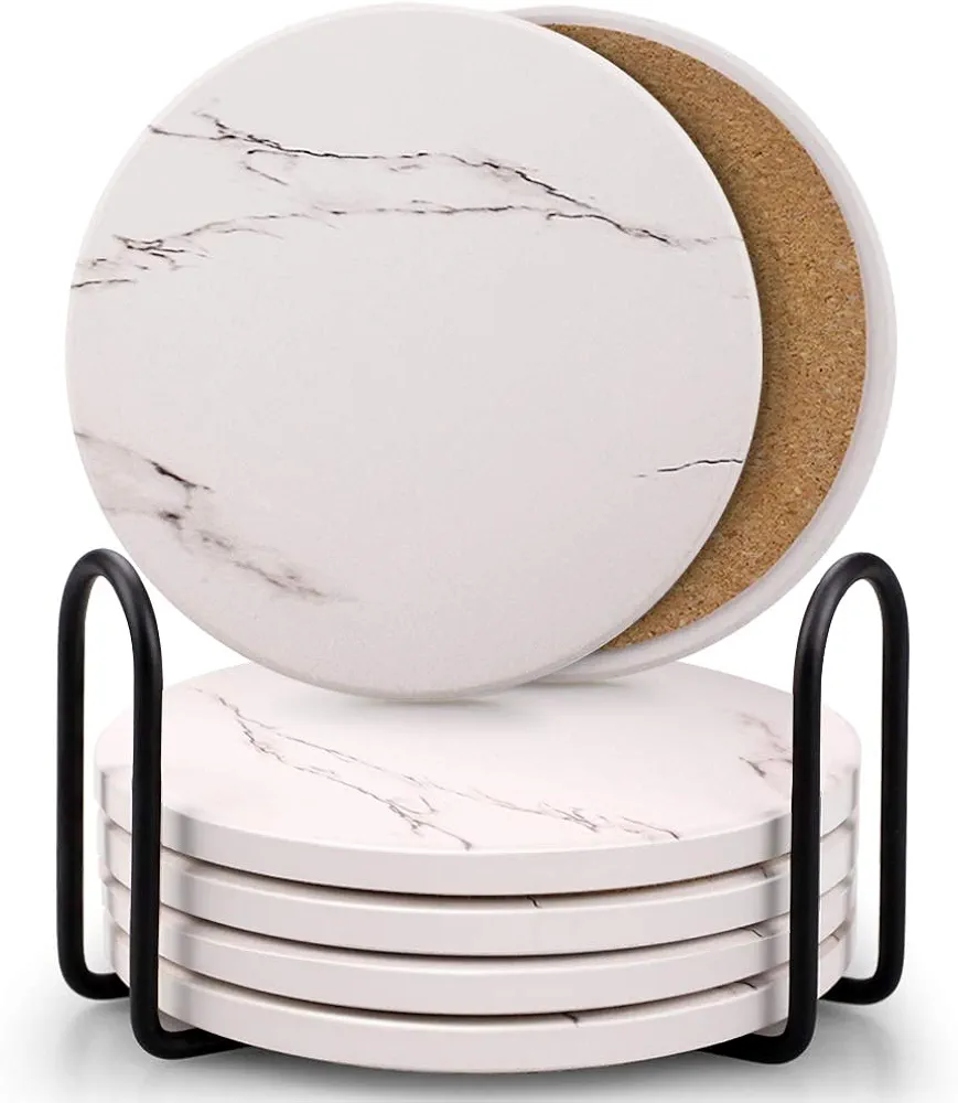 Coasters for Drinks, Absorbent Ceramic Stone Coasters Set with Metal Holder Stand, Cork Base, Marble Surface Pattern, Cups Place Mats for Home Decor, Set of 6 - White