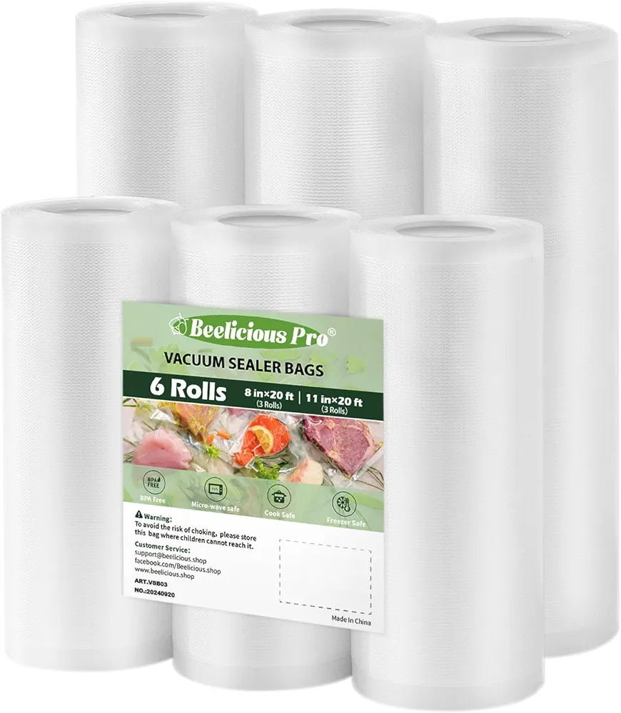 Vacuum Sealer Bags Rolls for Food 6 Pack 3 Rolls 11" x 20' and 3 Rolls 8" x 20' Commercial Grade with BPA-Free, Durable Customized Size Food Storage Bags for Sous Vide