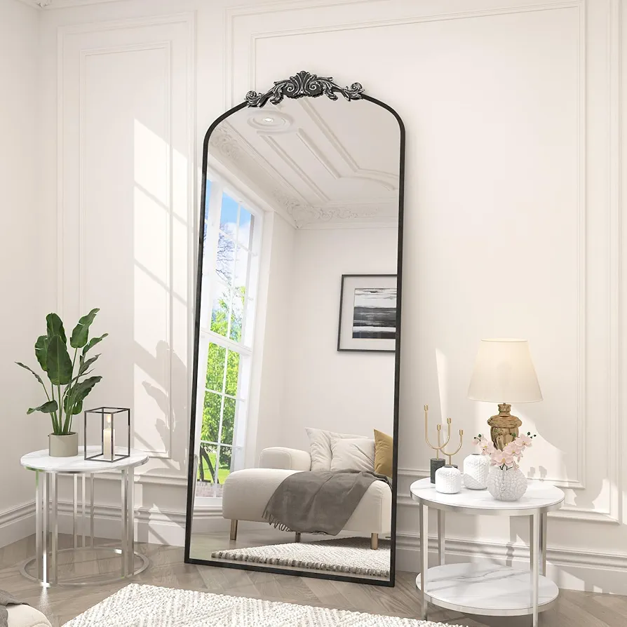 SMIROR Black Arched Full Length Mirror 71x32, Baroque Inspired Vintage Body Mirror for Wall, Ornate Floor Mirror for Dressing, Shatter-Proof and Anti-Rust