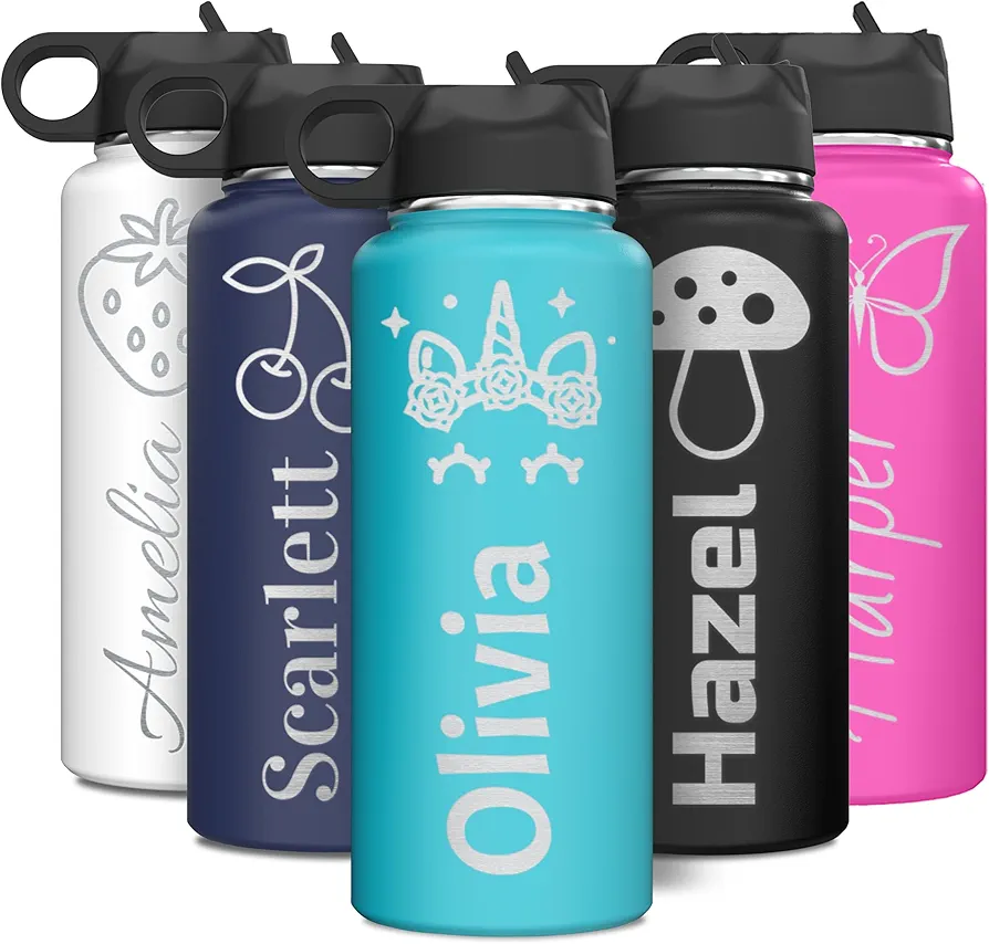 Personalized Girls Name & Icon Insulated Stainless Steel Water Bottle with Flip Top Lid & Straw Custom Engraved Kids, Teens, Children Gifts 32 oz.